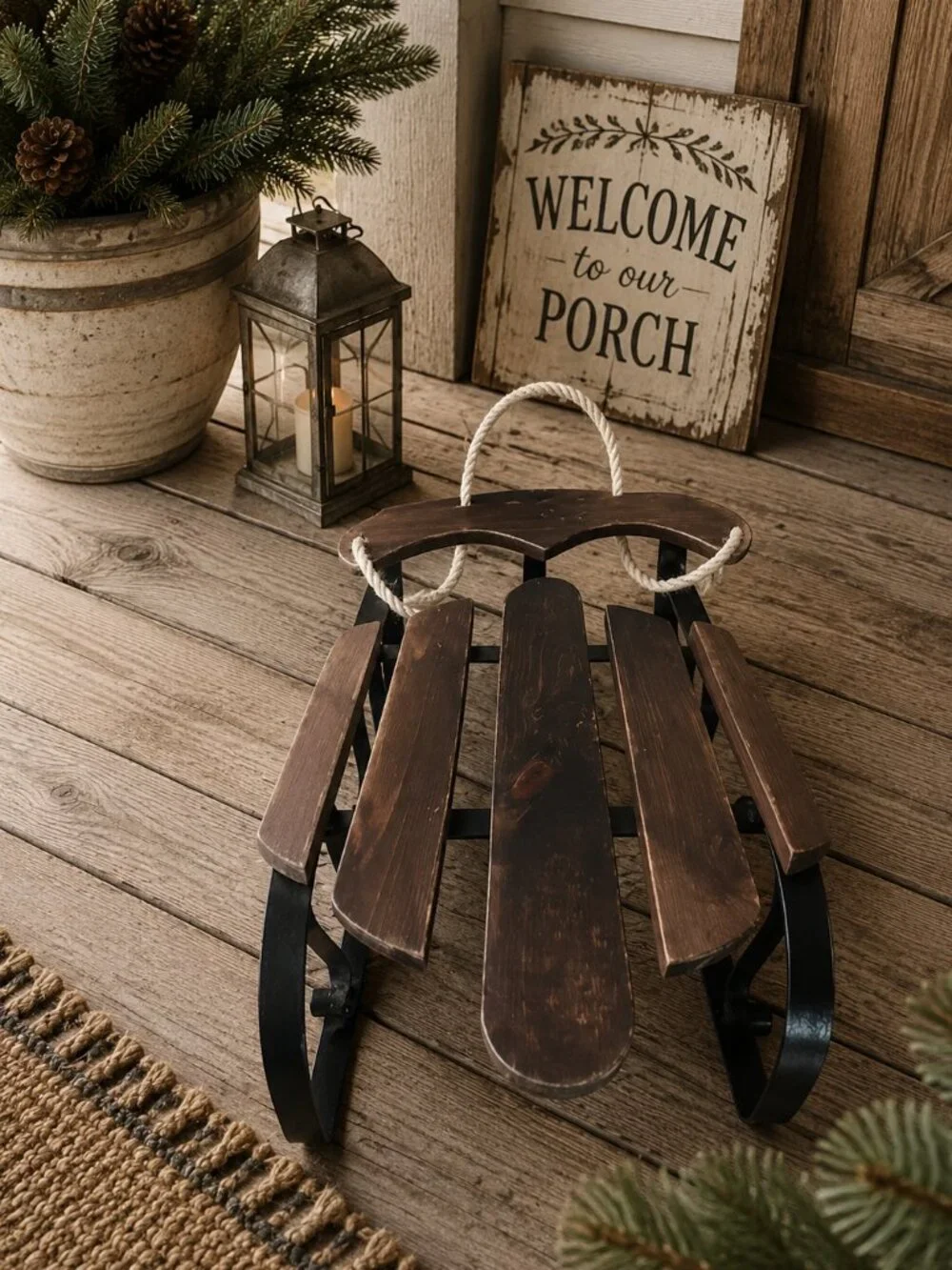 Vintage Rustic Primitive Wooden Snow Sled With Rope Porch Decor
